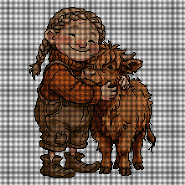Cross-stitch pattern of a smiling child hugging a shaggy orange Highland cow's head, warm russet and brown tones