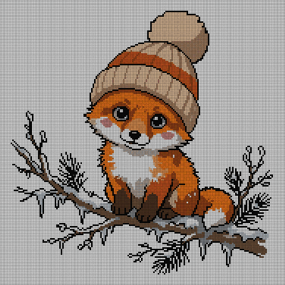 Cross-stitch pattern of a baby fox wearing a knit winter beanie, perched on a snowy pine branch