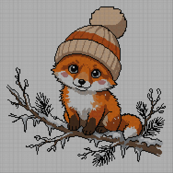 Cross-stitch pattern of a baby fox wearing a knit winter beanie, perched on a snowy pine branch