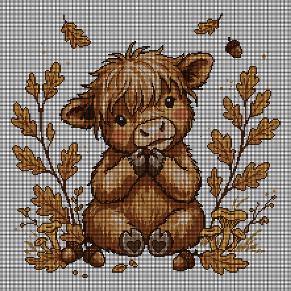 Cross-stitch pattern of a shaggy baby Highland cow with rosy cheeks sitting among autumn oak leaves, acorns and chanterelle mushrooms