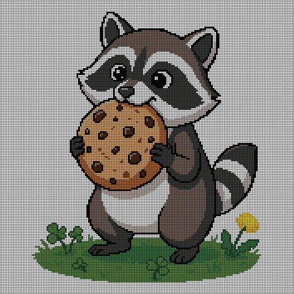 Cross-stitch pattern of a baby raccoon holding a large chocolate chip cookie, standing on grass with clovers and a yellow dandelion