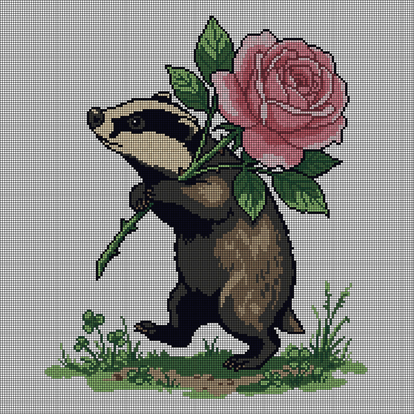 Cross-stitch pattern of a striped badger walking upright through clover and grass, carrying a huge pink blossom with green leaves over its shoulder