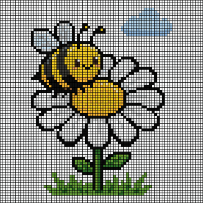 Pixel-art smiling cartoon bumblebee on a white daisy with a blue sky and cloud background, cross-stitch pattern preview