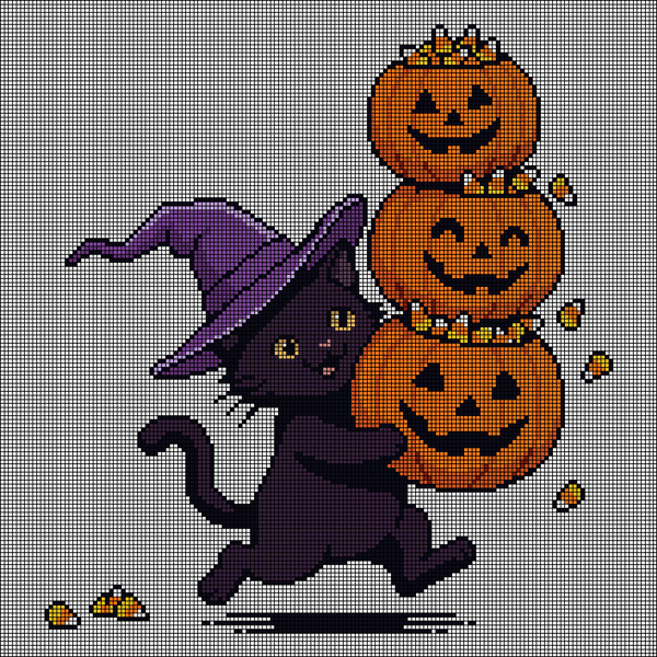 Cross-stitch pattern of a black kitten in a purple witch hat carrying a stack of three smiling jack-o'-lanterns spilling candy corn