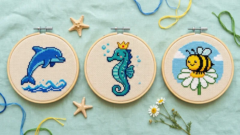 A grid of pixel-art ocean and garden animal cross-stitch pattern previews