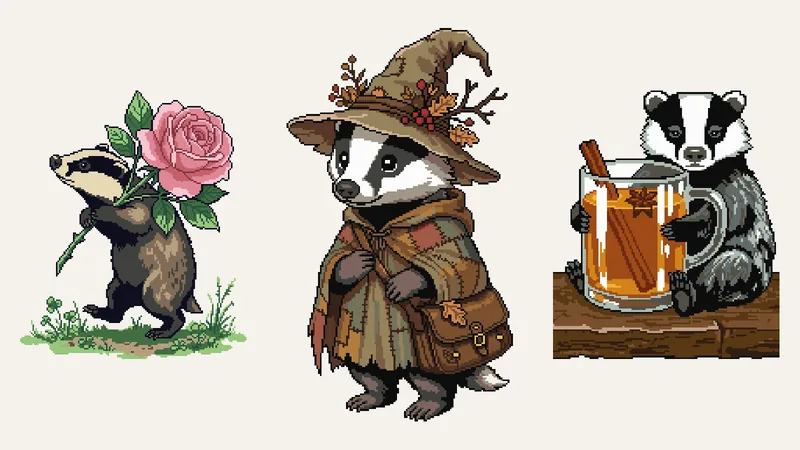 Three badger cross-stitch patterns side by side: a badger carrying a big pink blossom, a badger wizard in a leafy hat and patchwork cloak, and a badger hugging a glass mug of spiced cider