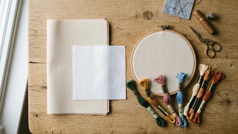 Flat-lay of Aida cloth, linen fabric, an embroidery hoop, and skeins of colorful embroidery floss