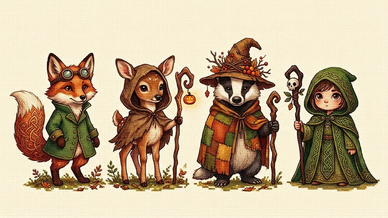 Four woodland-fantasy cross-stitch characters in a row: a Celtic-knot-tailed fox in goggles and a green coat, a hooded fawn with a staff, a badger wizard in a leaf hat, and a small hooded druid in a Celtic-knot cloak