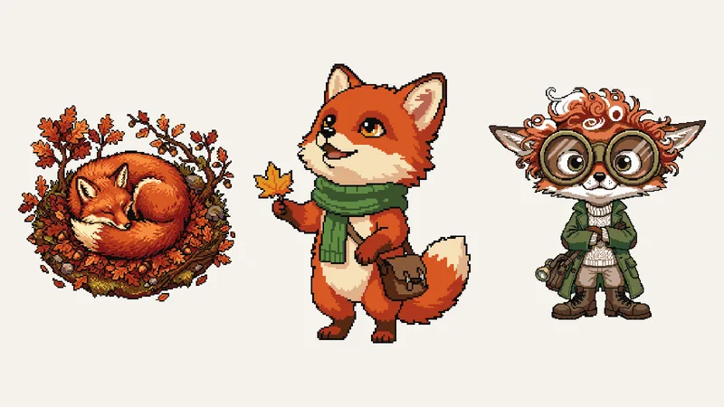 Three fox cross-stitch patterns side by side: a red fox curled asleep in a ring of autumn leaves, a red fox in a green scarf holding a maple leaf, and a goggle-wearing fox explorer in a green coat