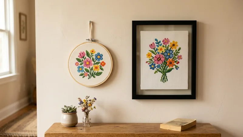 A finished floral cross-stitch piece displayed in a wooden embroidery hoop next to another framed in a black picture frame