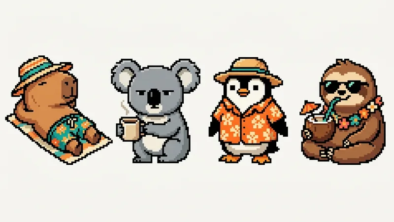 Pixel-art cross-stitch designs of a capybara in a sun hat, a grumpy koala with coffee, a penguin in a Hawaiian shirt, and a sloth sipping a coconut cocktail