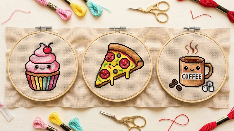 A grid of pixel-art kawaii food cross-stitch pattern previews
