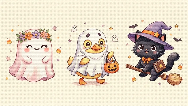 Three kawaii Halloween cross-stitch characters: a pastel ghost with a flower crown, a yellow duckling in a ghost costume holding a jack-o'-lantern candy pail, and a black kitten in a witch hat flying on a broomstick