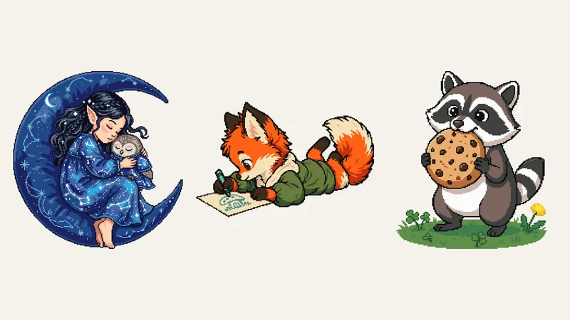 Three cross-stitch patterns for a child's room: an elf child sleeping on a blue crescent moon with an owl, a fox lying on its tummy drawing with a crayon, and a baby raccoon holding a big cookie