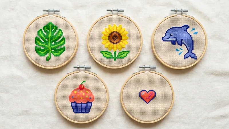 A grid of colorful pixel-art style cross-stitch pattern previews