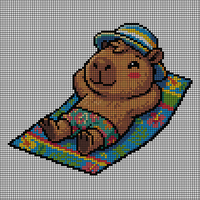 Pixel-art capybara in a striped sun hat and floral swim trunks, reclining on a patterned beach towel, cross-stitch pattern preview