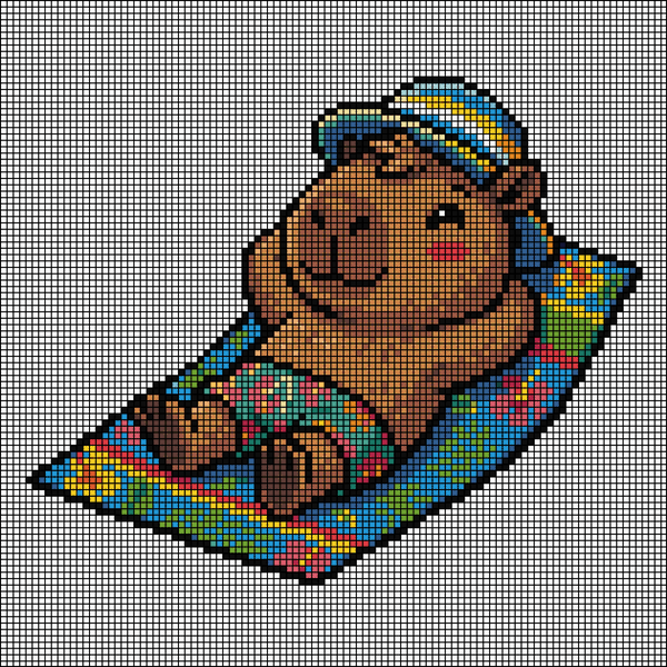 Pixel-art capybara in a striped sun hat and floral swim trunks, reclining on a patterned beach towel, cross-stitch pattern preview