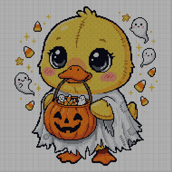 Cross-stitch pattern of a yellow duckling wearing a white ghost costume and carrying a jack-o'-lantern candy pail, surrounded by mini ghosts and candy corn