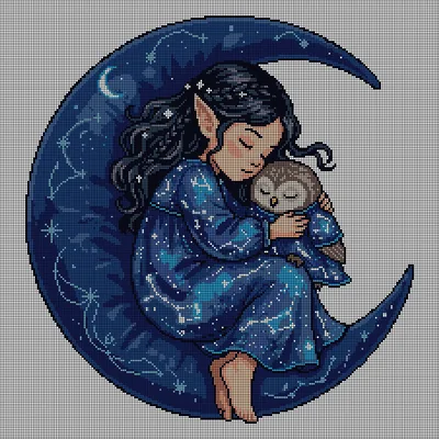 Cross-stitch pattern of a sleeping elf child in a starry blue gown hugging a small owl while curled on a large dark-blue crescent moon