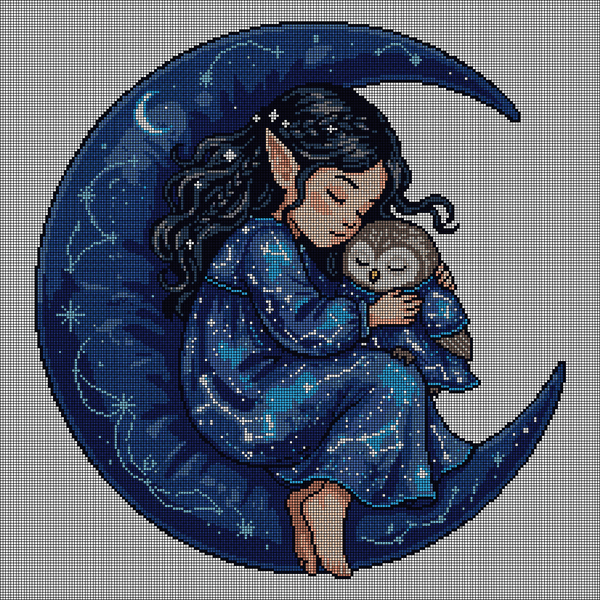 Cross-stitch pattern of a sleeping elf child in a starry blue gown hugging a small owl while curled on a large dark-blue crescent moon
