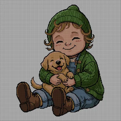 Cross-stitch pattern of a smiling child in a green beanie and jacket hugging a golden puppy, both with closed-eye smiles