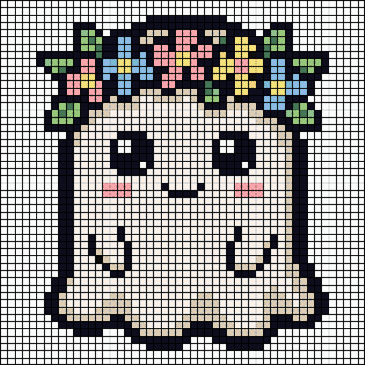 Pixel-art pastel cream ghost with a pink, blue, and yellow flower crown and blushing cheeks, cross-stitch pattern preview