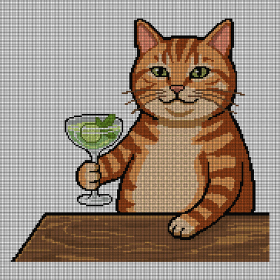 Cross-stitch pattern of a smiling orange tabby cat leaning on a wooden bar and holding a cocktail glass with a citrus slice and mint leaves