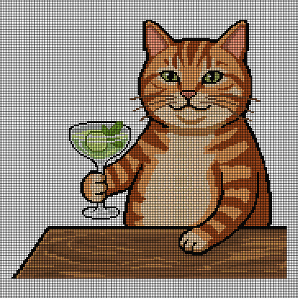 Cross-stitch pattern of a smiling orange tabby cat leaning on a wooden bar and holding a cocktail glass with a citrus slice and mint leaves