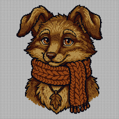 Cross-stitch pattern of a golden-brown floppy-eared puppy wearing a chunky rust cable-knit scarf with a leaf-shaped pendant