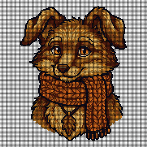 Cross-stitch pattern of a golden-brown floppy-eared puppy wearing a chunky rust cable-knit scarf with a leaf-shaped pendant