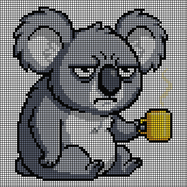Pixel-art gray koala with a furrowed brow holding a steaming yellow coffee mug, cross-stitch pattern preview