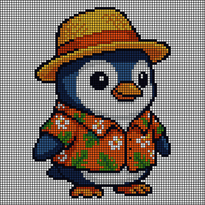 Pixel-art penguin wearing an orange floral Hawaiian shirt and straw hat, cross-stitch pattern preview