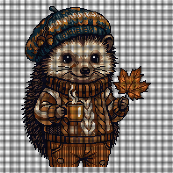 Cross-stitch pattern of a hedgehog wearing a teal knit beanie and brown sweater, holding a steaming mug and an orange maple leaf