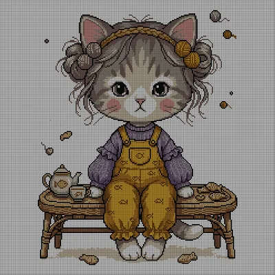 Cross-stitch pattern of a gray kitten wearing mustard overalls, sitting on a wicker stool beside a teapot, teacup, and cookies, yarn balls tangled in its ears