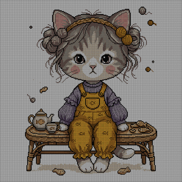 Cross-stitch pattern of a gray kitten wearing mustard overalls, sitting on a wicker stool beside a teapot, teacup, and cookies, yarn balls tangled in its ears