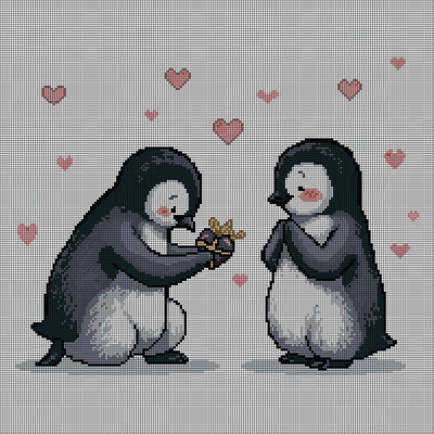 Cross-stitch pattern of two penguins on the ice, one holding out a small wrapped gift to the other, surrounded by floating pink hearts