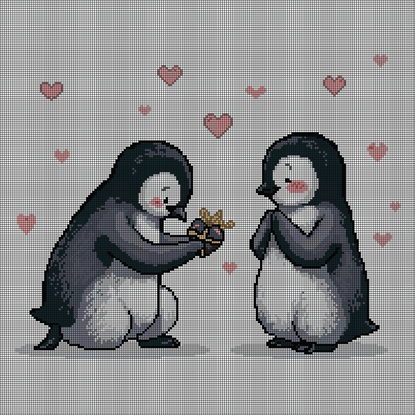Cross-stitch pattern of two penguins on the ice, one holding out a small wrapped gift to the other, surrounded by floating pink hearts
