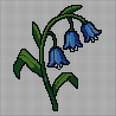 Pixel-art blue bellflowers hanging from a curved green stem, cross-stitch pattern preview