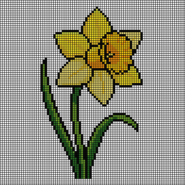 Pixel-art yellow daffodil with orange trumpet center and two green stems, cross-stitch pattern preview