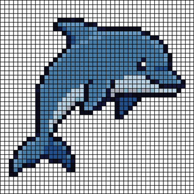 Pixel-art dolphin mid-leap in two-tone blue, cross-stitch pattern preview