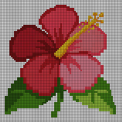 Pixel-art red and pink hibiscus flower with yellow-tipped stamen and green leaves, cross-stitch pattern preview