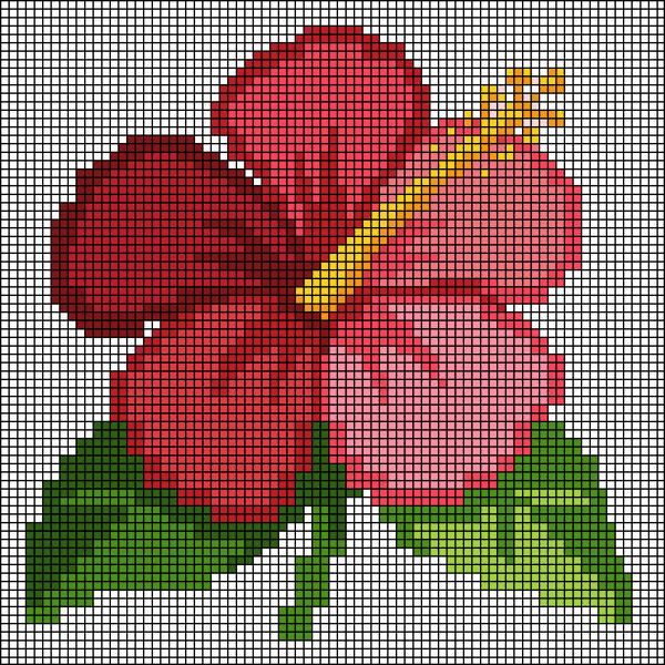 Pixel-art red and pink hibiscus flower with yellow-tipped stamen and green leaves, cross-stitch pattern preview