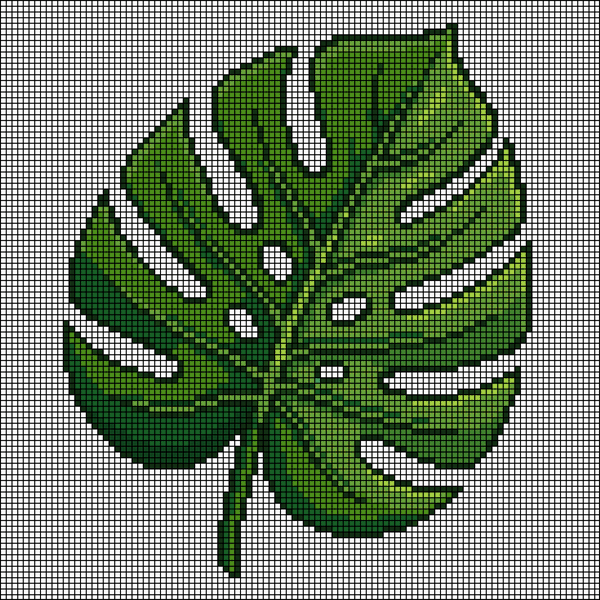 Pixel-art monstera leaf in layered greens with signature split cutouts, cross-stitch pattern preview