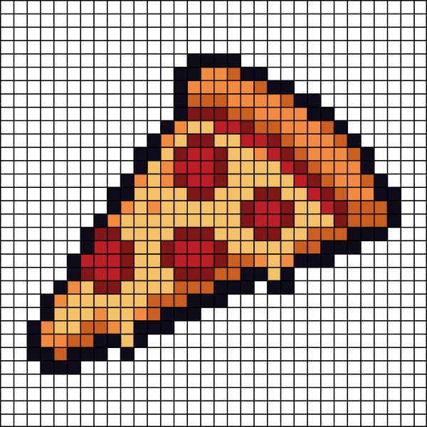 Pixel-art pepperoni pizza slice with melted cheese on a diagonal crust, cross-stitch pattern preview