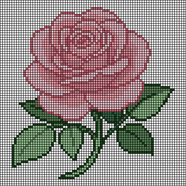 Pixel-art pink rose in full bloom with layered petals and green leaves, cross-stitch pattern preview
