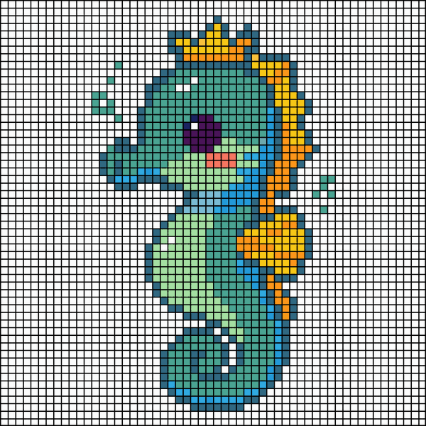 Pixel-art teal seahorse wearing a golden crown with a curled tail, cross-stitch pattern preview