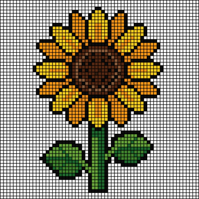 Pixel-art sunflower with layered yellow and orange petals and a speckled brown center, cross-stitch pattern preview