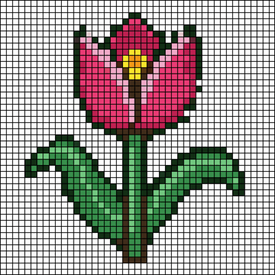 Pixel-art magenta tulip bloom with yellow center and two curved green leaves, cross-stitch pattern preview