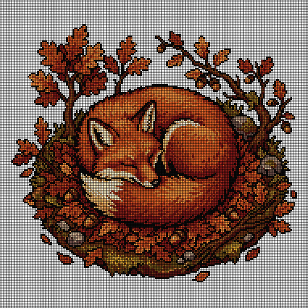 Cross-stitch pattern of a red fox curled asleep in a circular wreath of autumn oak leaves and acorns