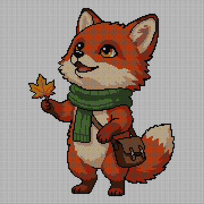 Cross-stitch pattern of a smiling red fox in a green knit scarf holding up an orange maple leaf, with a brown satchel at its side